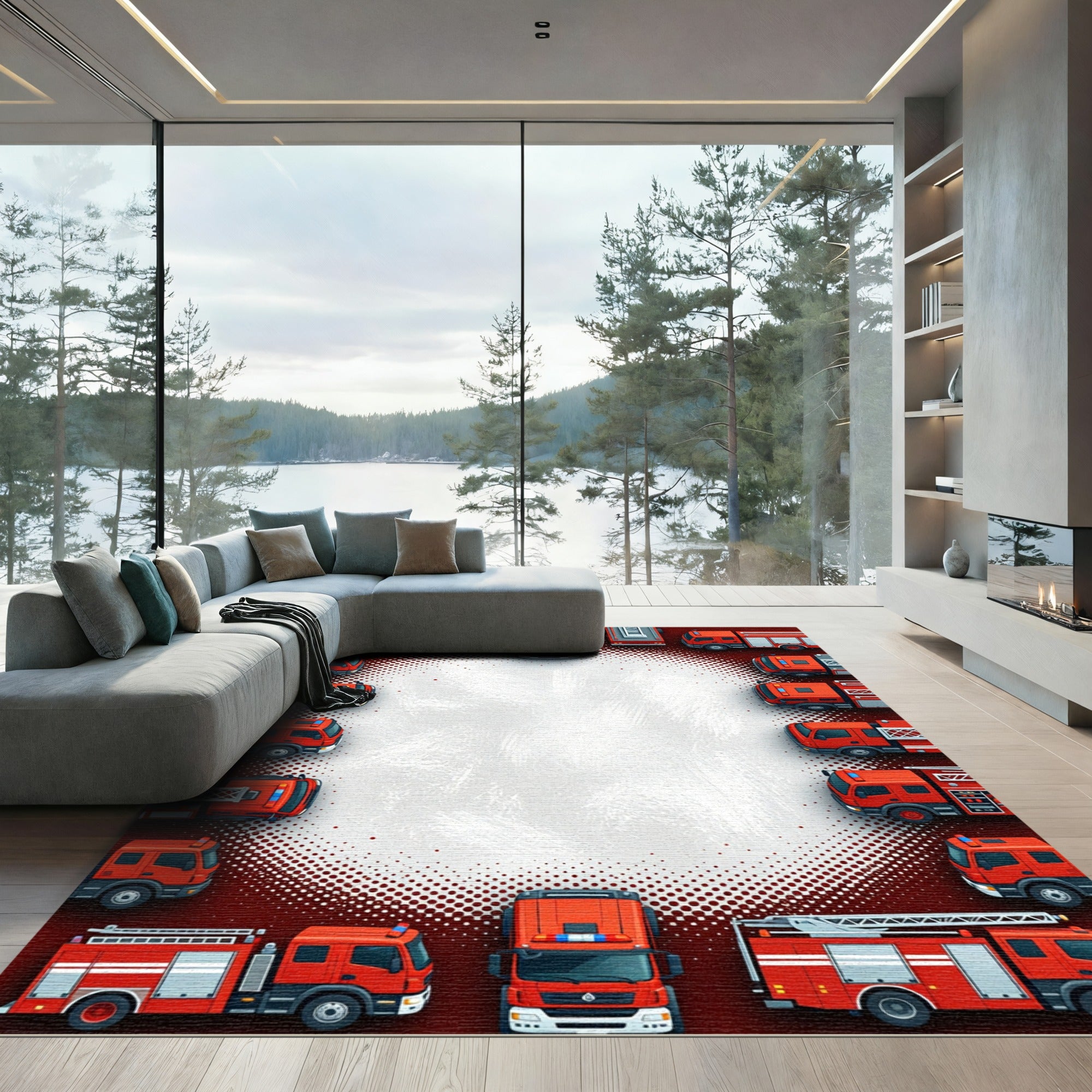 Vibrant Red Fire Truck Circular Border Rug