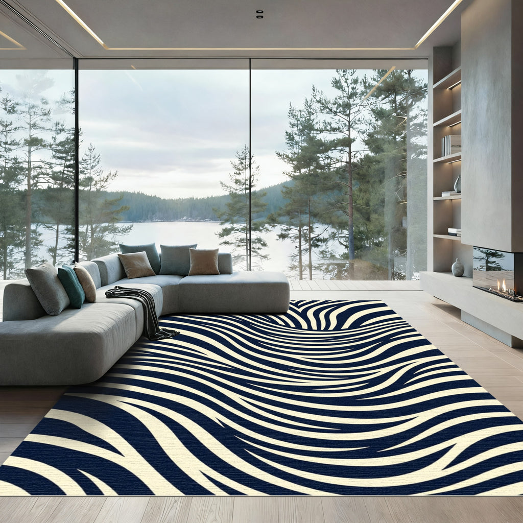 Modern Navy and Cream Wavy Stripe Rug