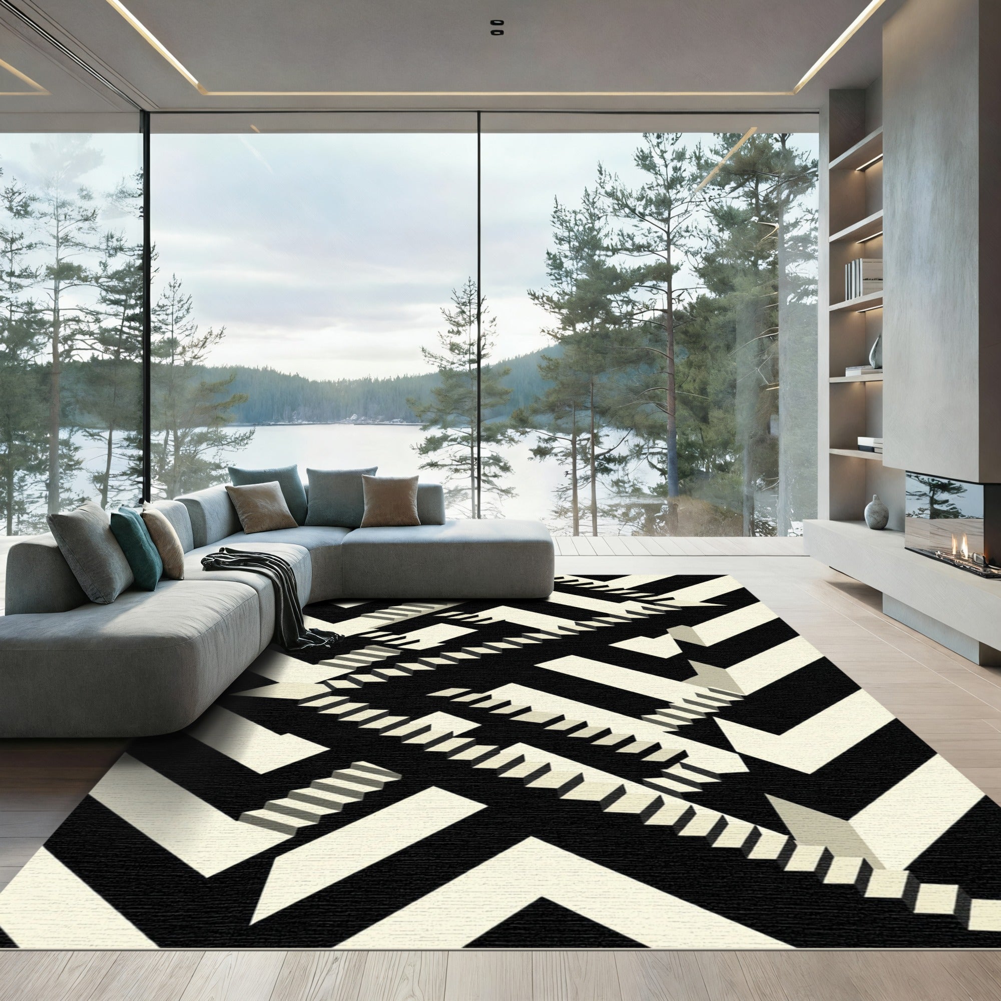 Monochrome Geometric Optical Illusion Steps Rug