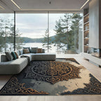 Ornate Gold and Silver Circular Medallion Rug