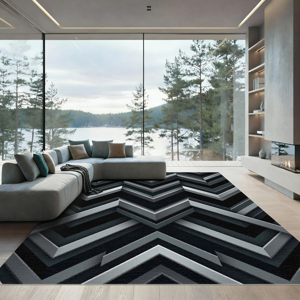 Modern Metallic Silver Geometric Chevron Rug