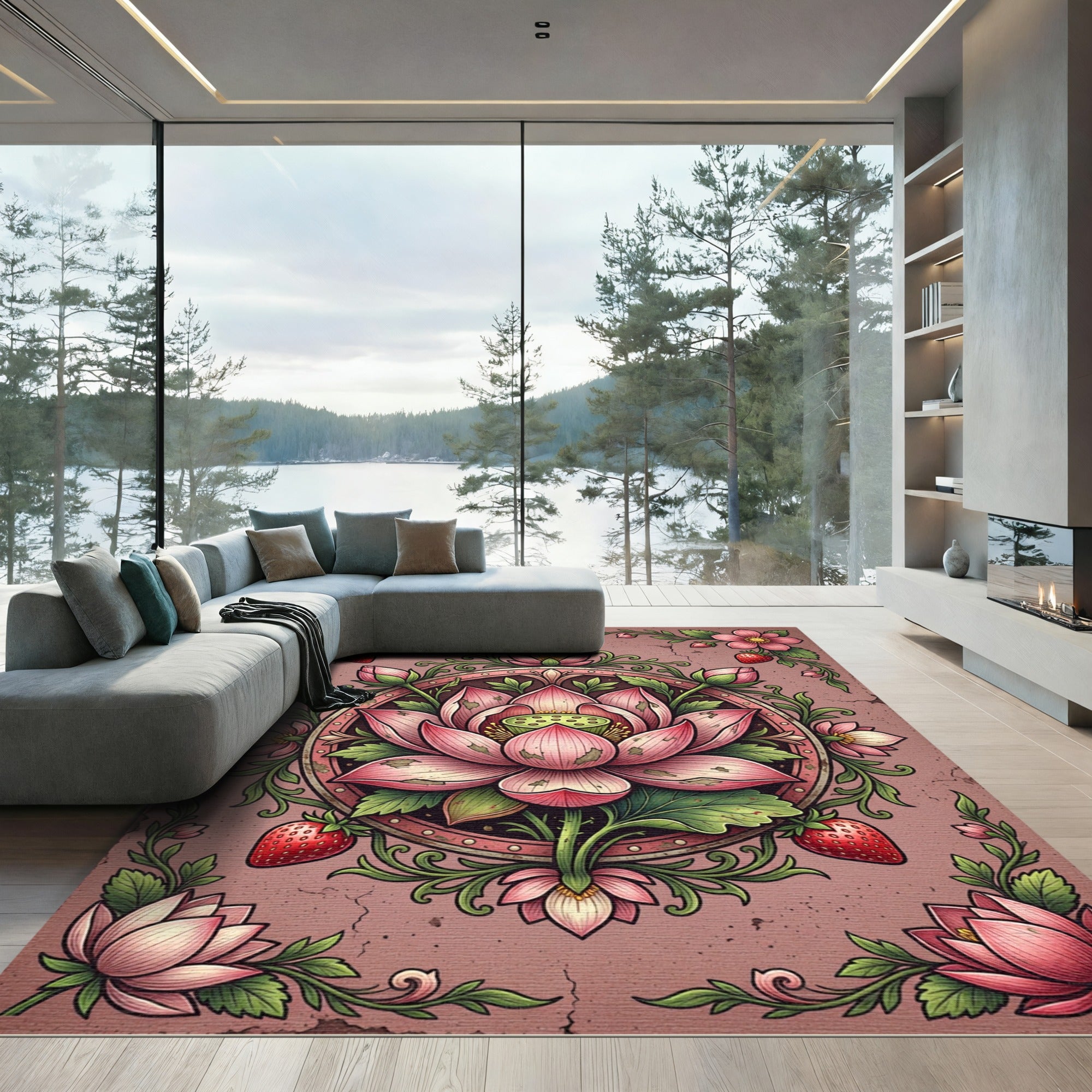 Pink Lotus Strawberry Floral Mandala Rug