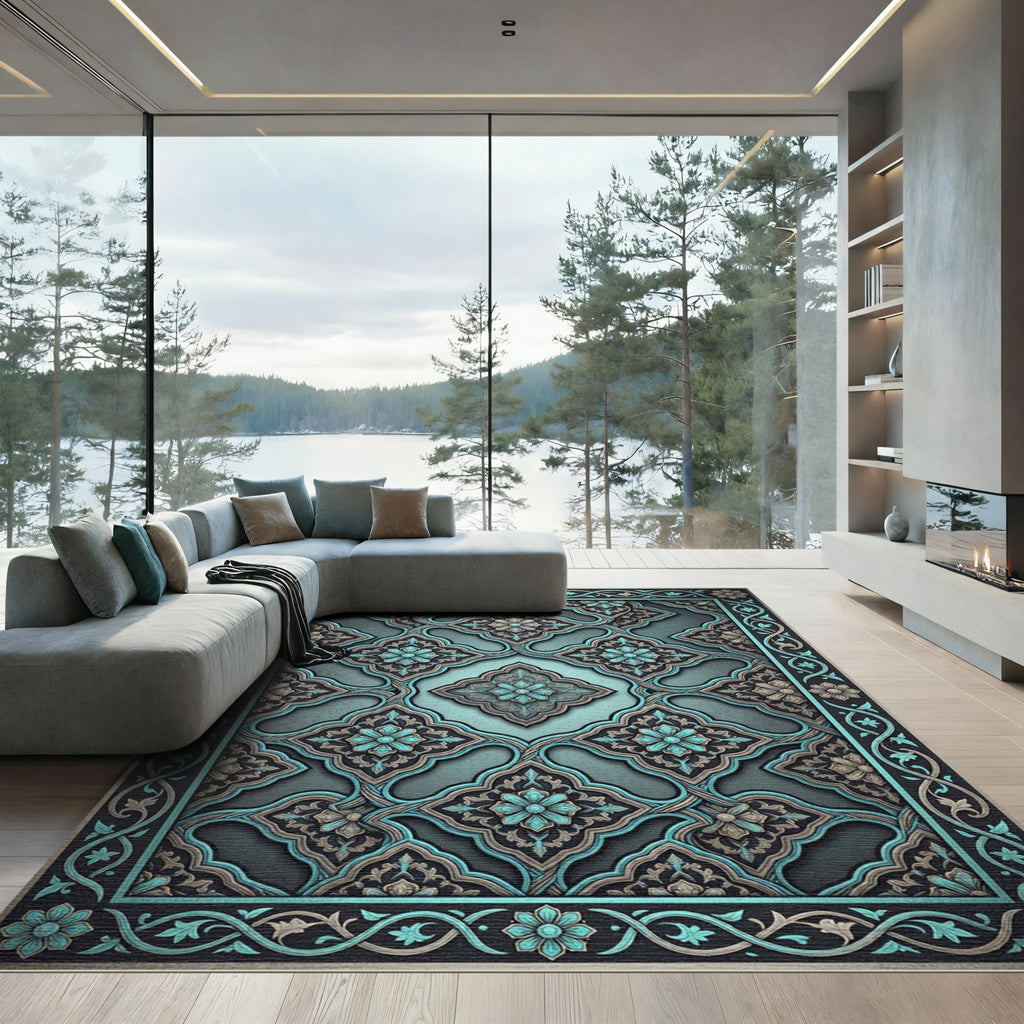Ornate Teal Floral Arabesque Overlay Rug