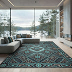 Ornate Teal Floral Arabesque Overlay Rug