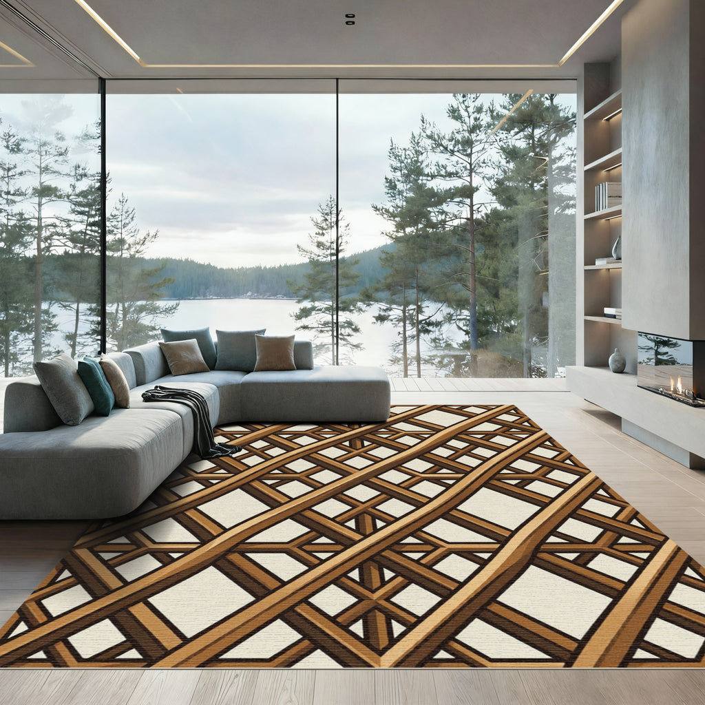 Earthy Brown Geometric Lattice Grid Rug