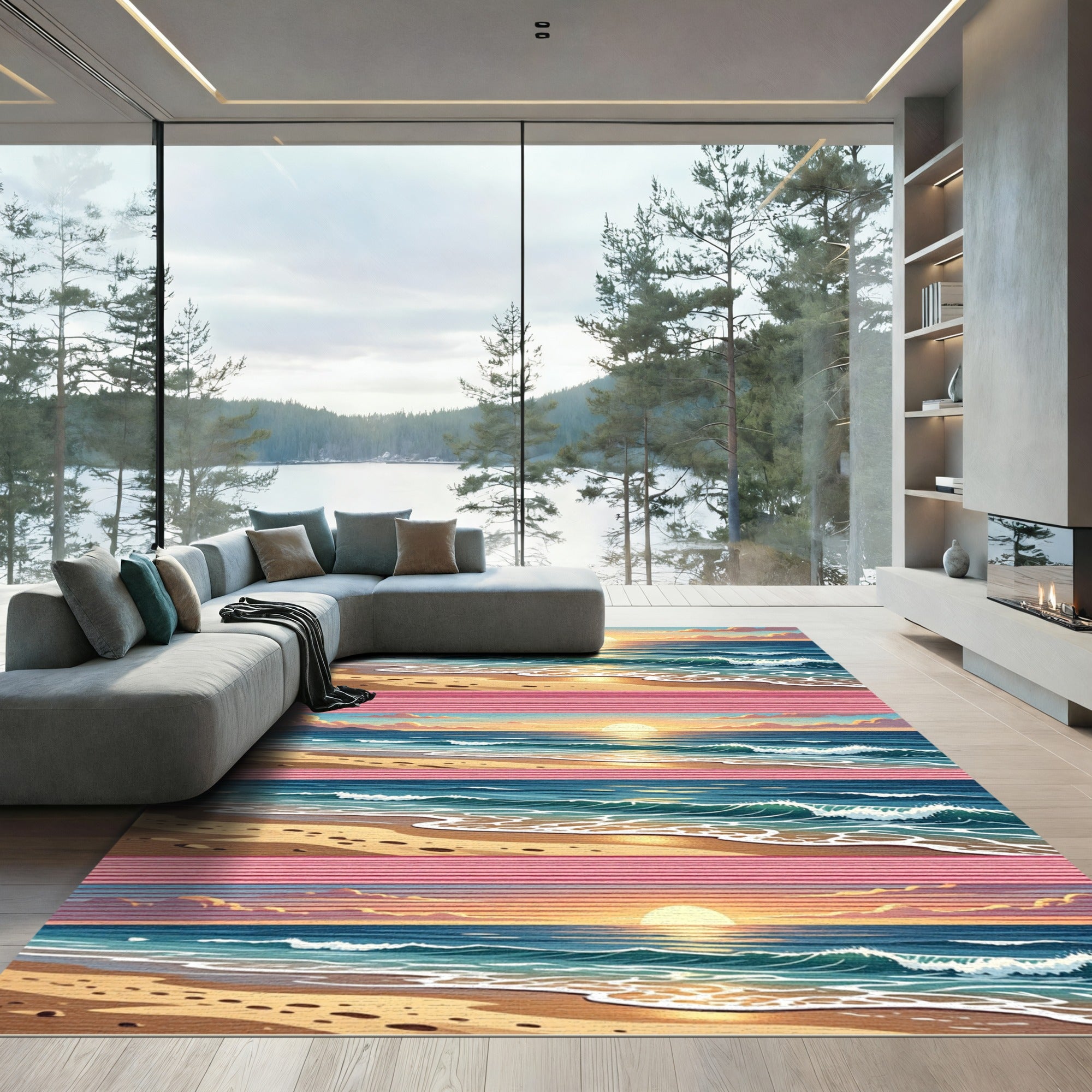 Serene Coastal Sunset Ocean Waves Rug