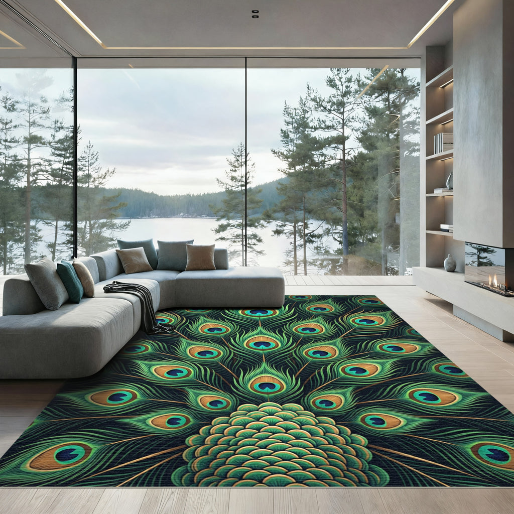 Vibrant Emerald Peacock Feather Fan Rug