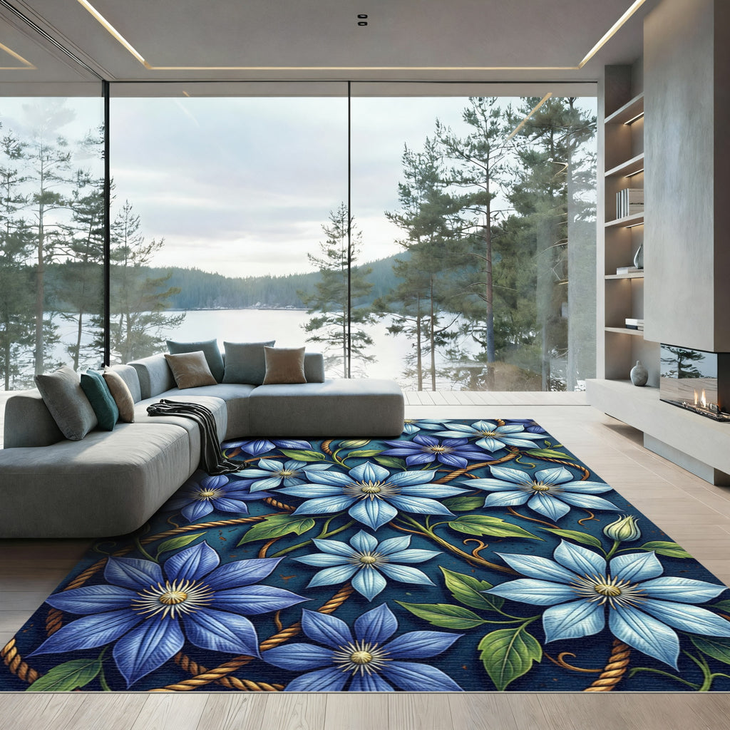 Elegant Blue Clematis Floral Rope Wallpaper Rug