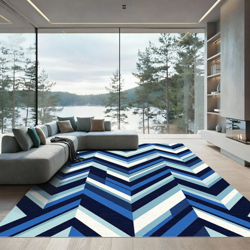 Cool Blue Chevron Geometric Stripes Rug