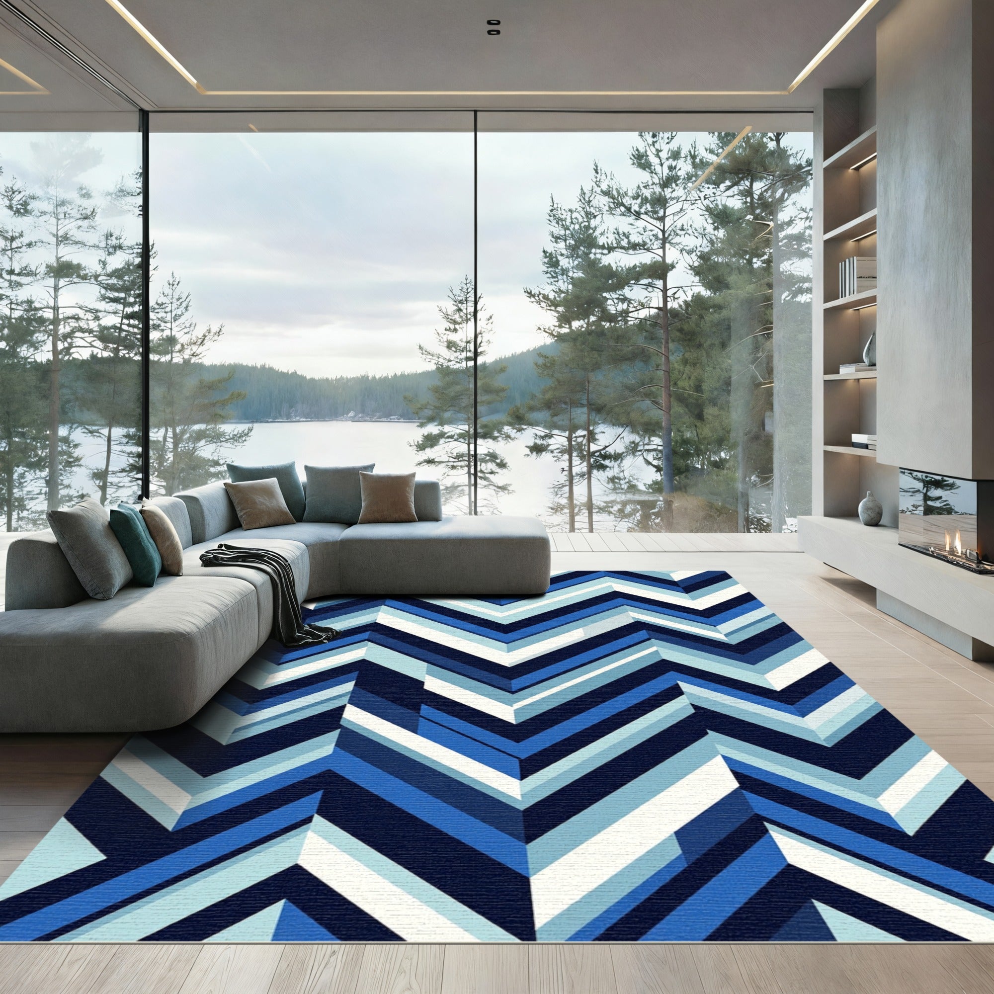Cool Blue Chevron Geometric Stripes Rug