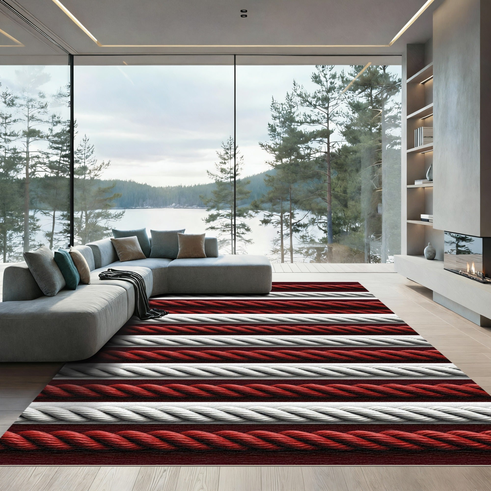 Crimson White Twisted Rope Texture Rug