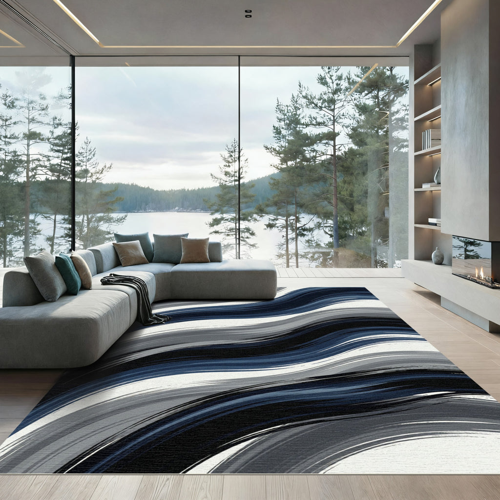 Abstract Gray Blue Brush Stroke Rug