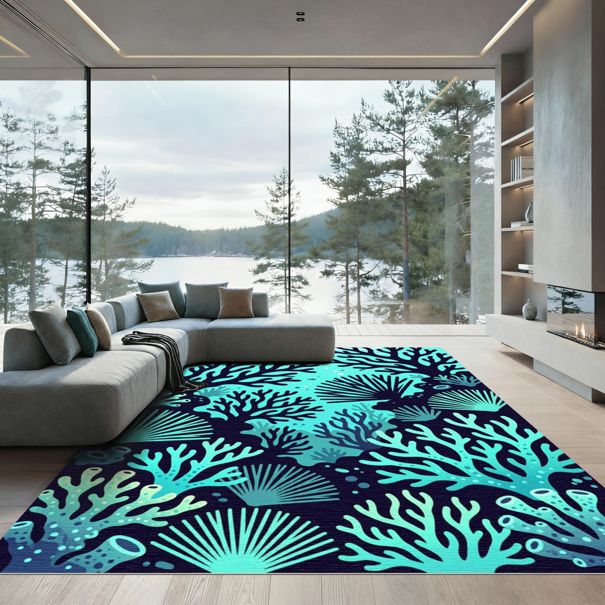 Lush Teal Coral Reef Underwater Scene Rug