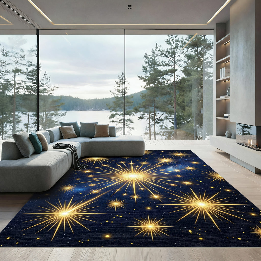 Radiant Golden Starburst Night Sky Rug