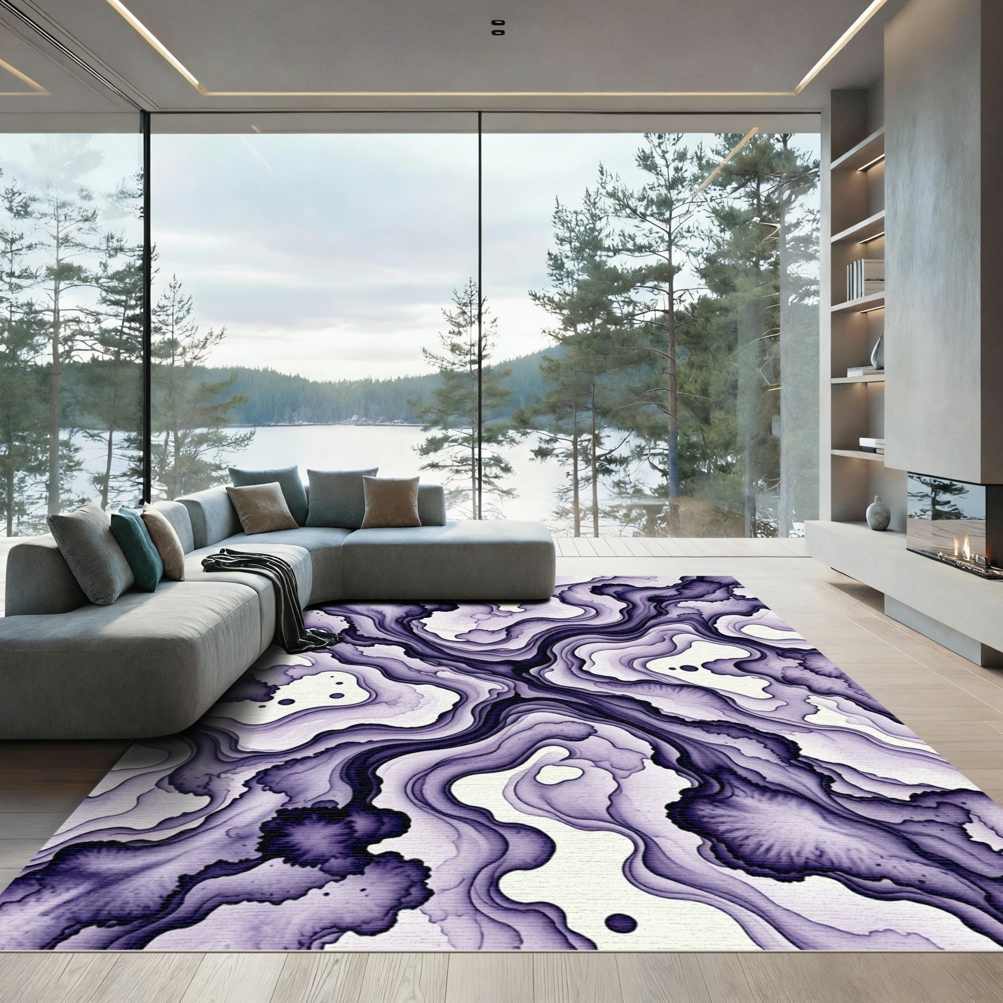Deep Violet Fluid Ink Abstract Rug