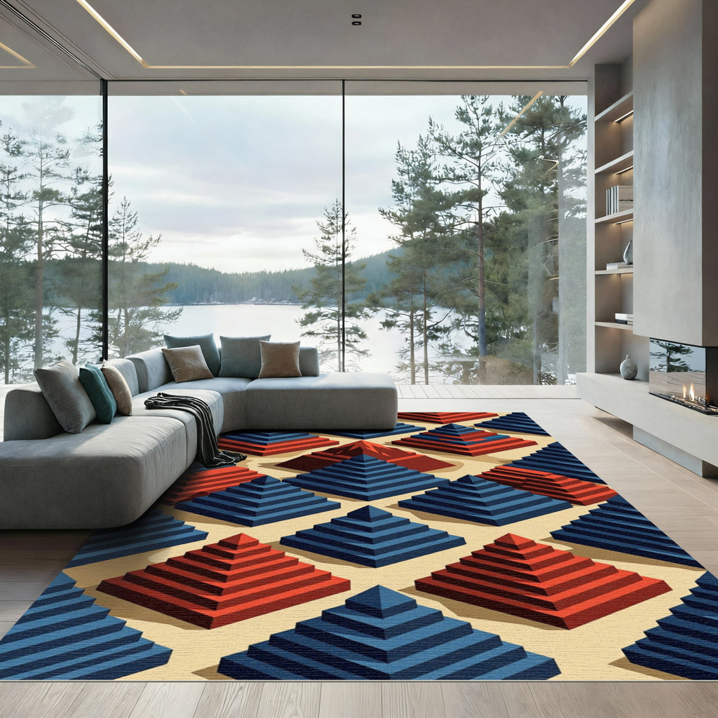 Geometric Blue and Crimson Pyramid Field Rug