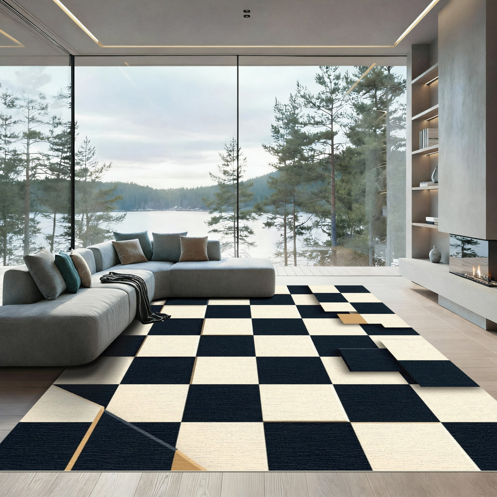 Modern Black and Cream Geometric Chessboard Rug