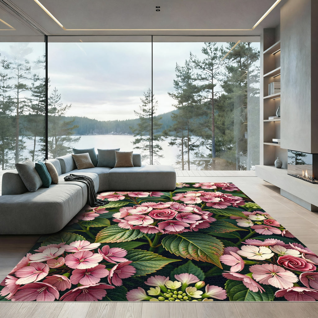 Blush Pink Hydrangea Botanical Floral Garden Rug