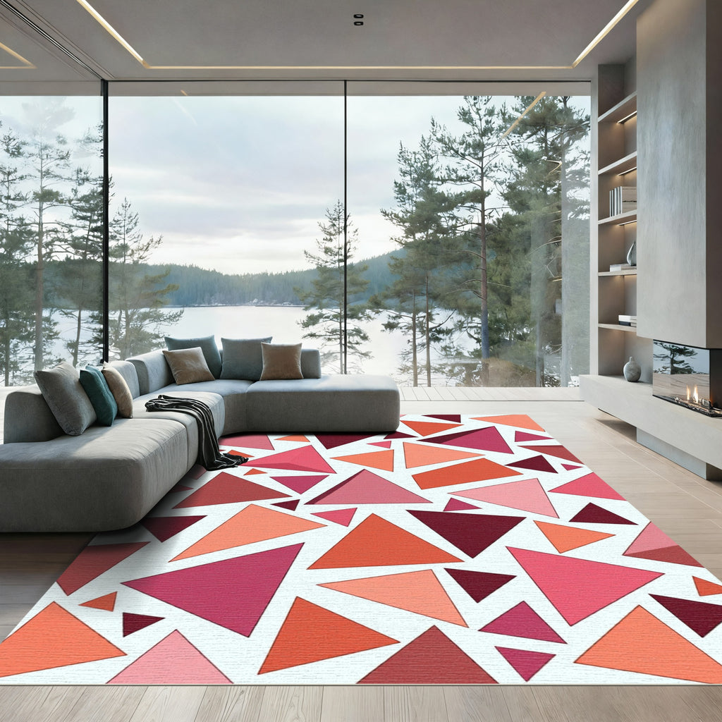 Crimson Coral Geometric Triangle Collage Rug
