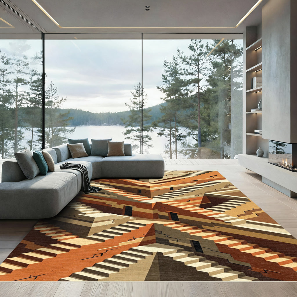 Brown Orange Staircase Optical Illusion Rug