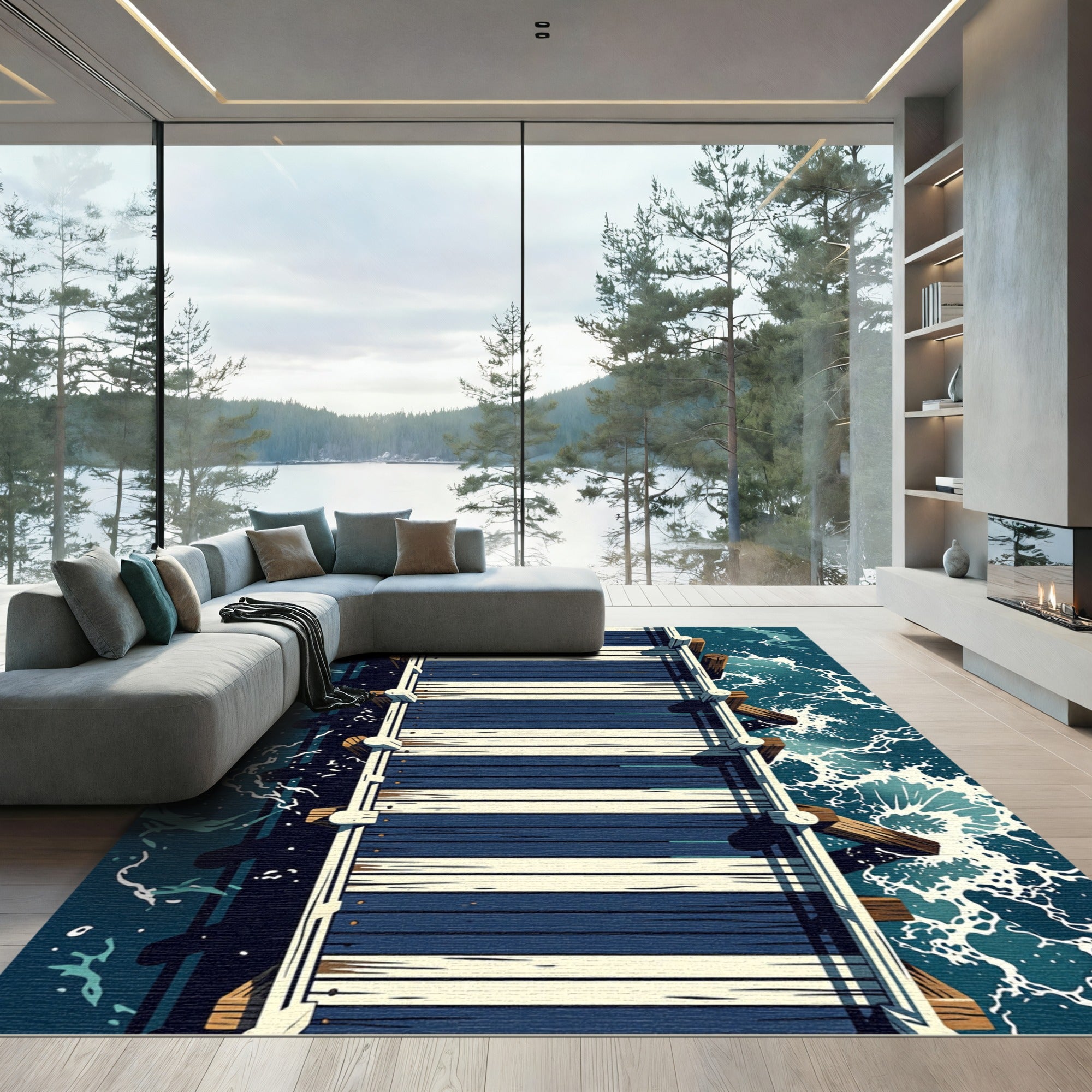 Navy White Nautical Pier Plank Rug