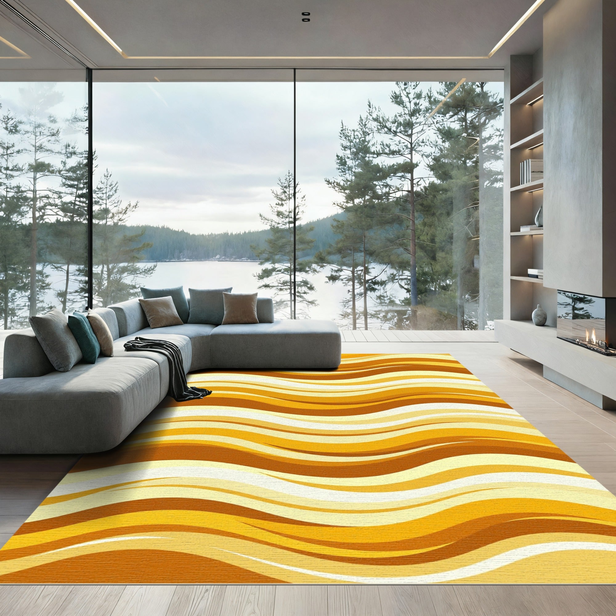 Golden Abstract Wavy Sunset Layered Lines Rug