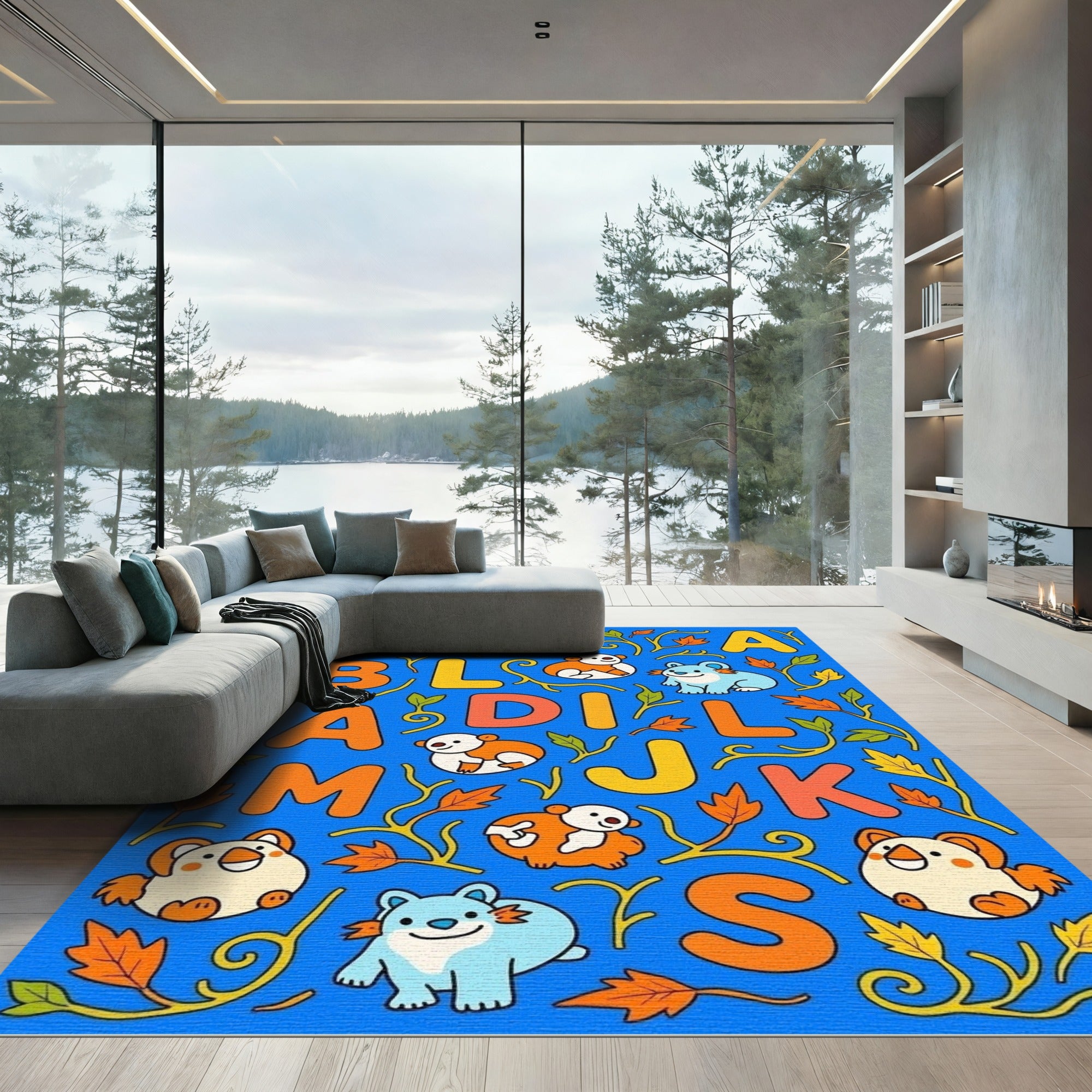 Whimsical Alphabet Animals Autumn Leaves Rug