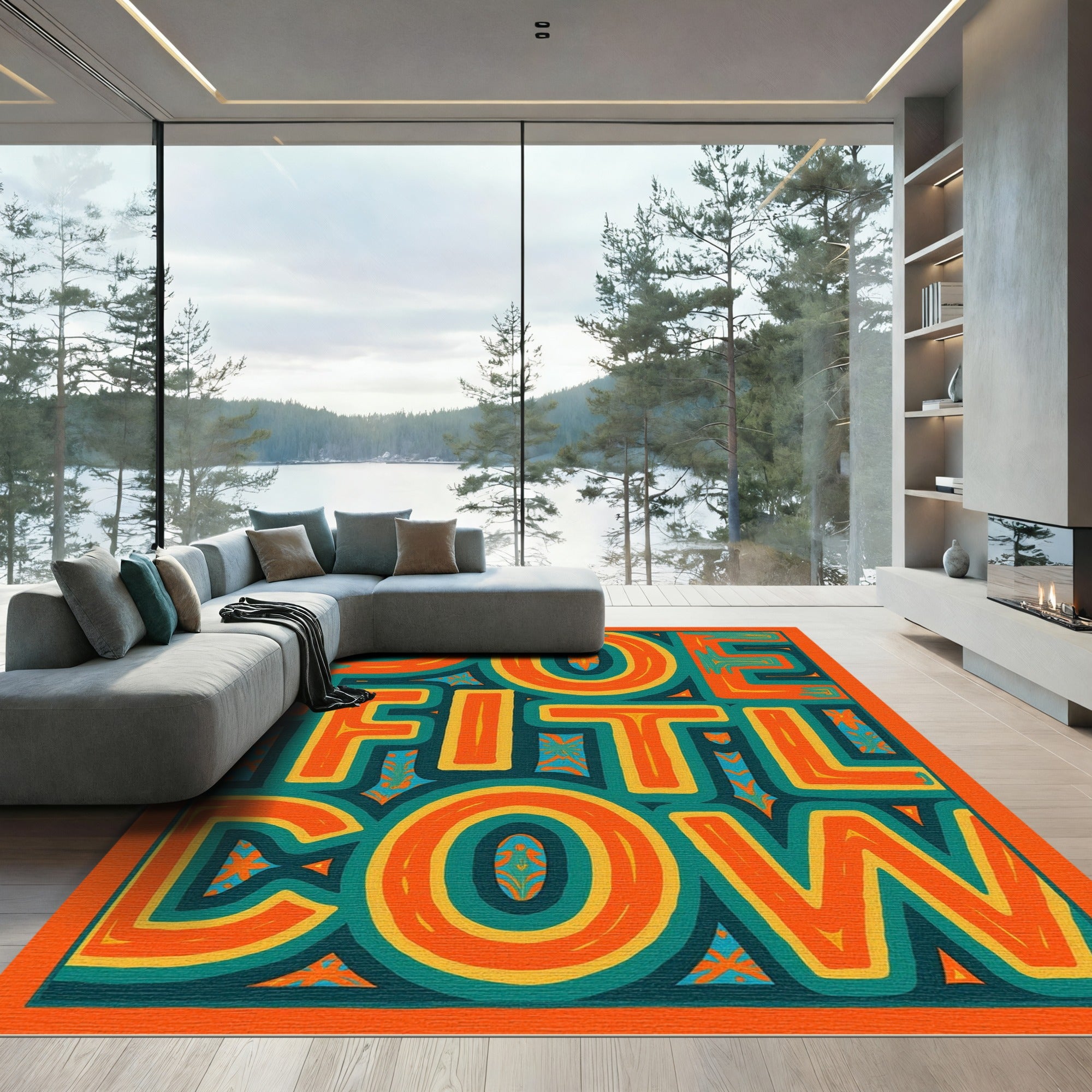 Vibrant Orange Teal Yellow Abstract Letters Rug