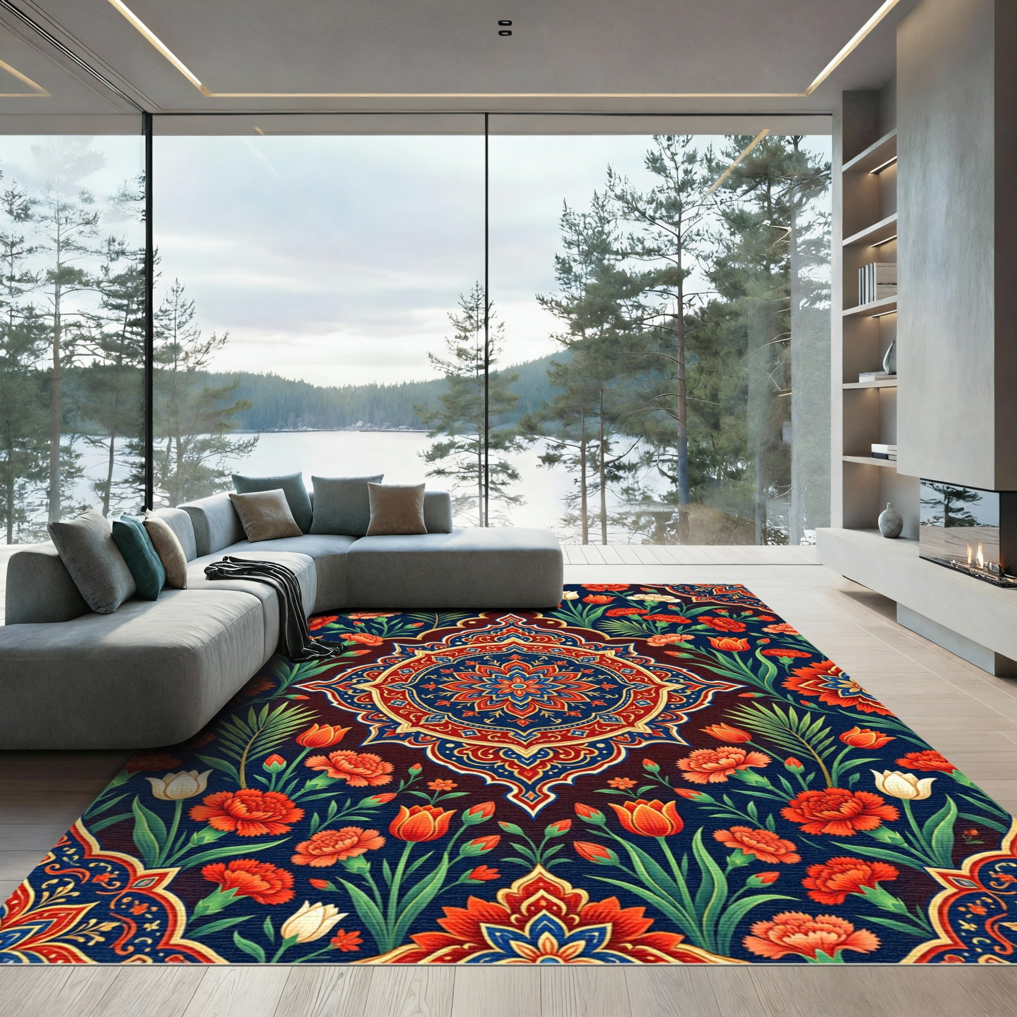 Vibrant Floral Medallion with Ornate Crimson Tulips Rug