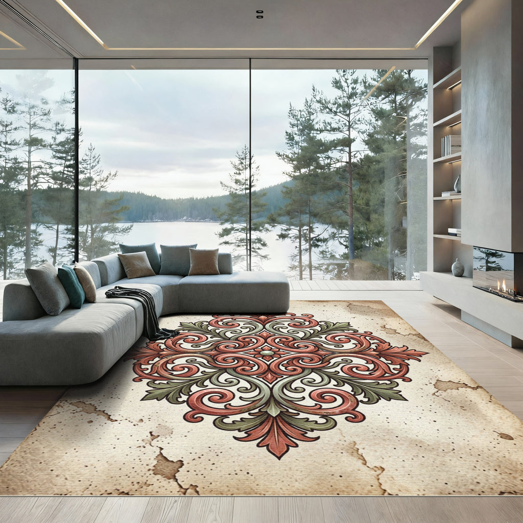 Ornate Terracotta Sage Acanthus Medallion Rug