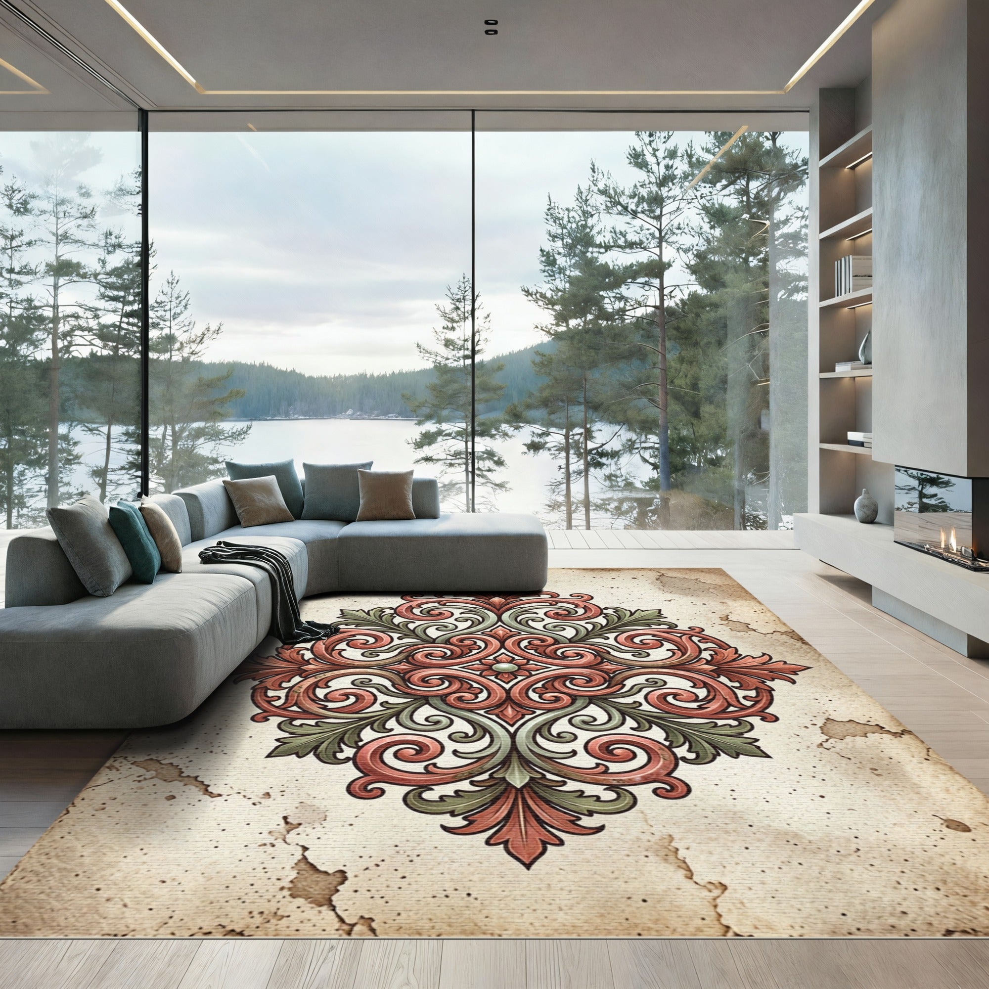 Ornate Terracotta Sage Acanthus Medallion Rug