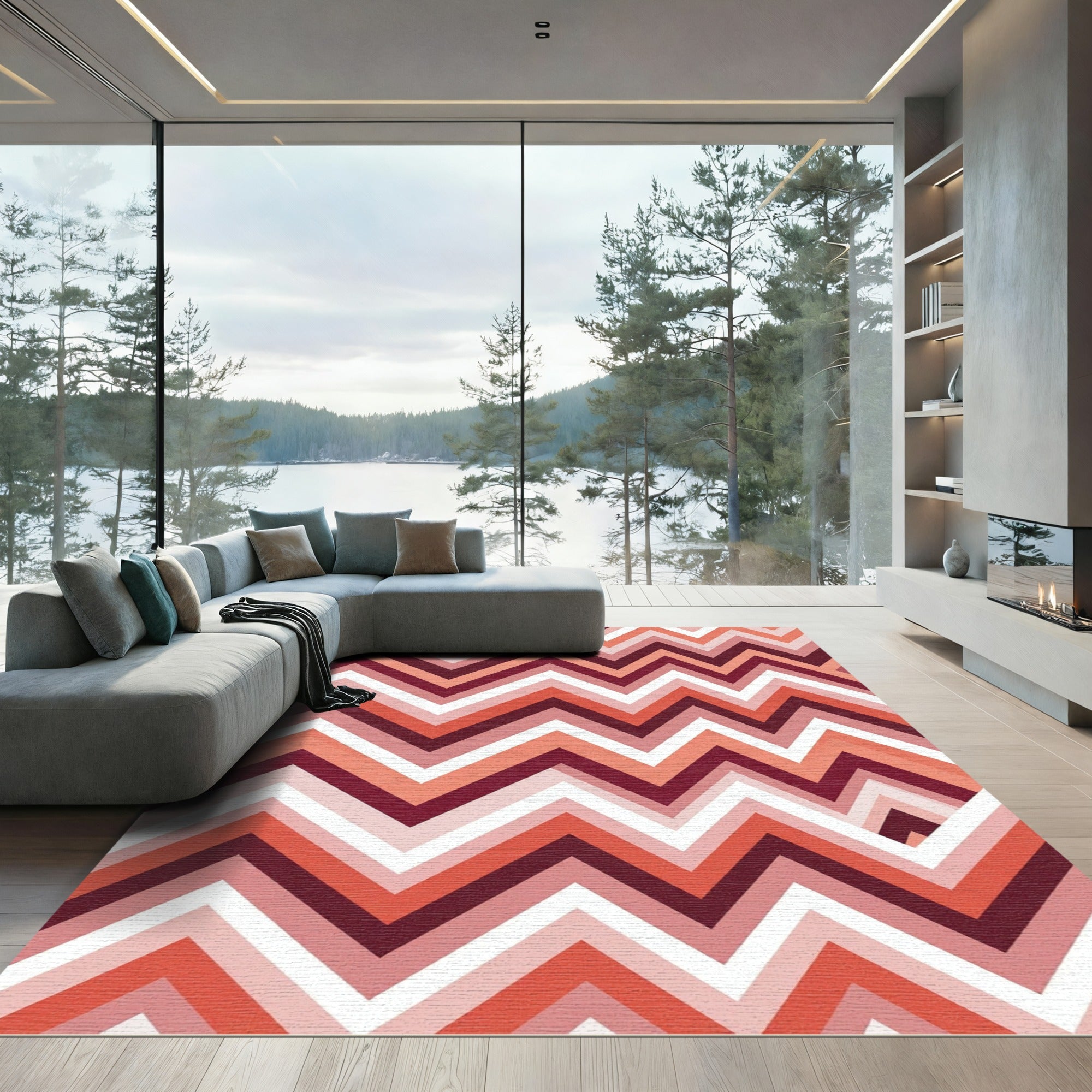 Warm Coral Chevron Zigzag Geometric Rug