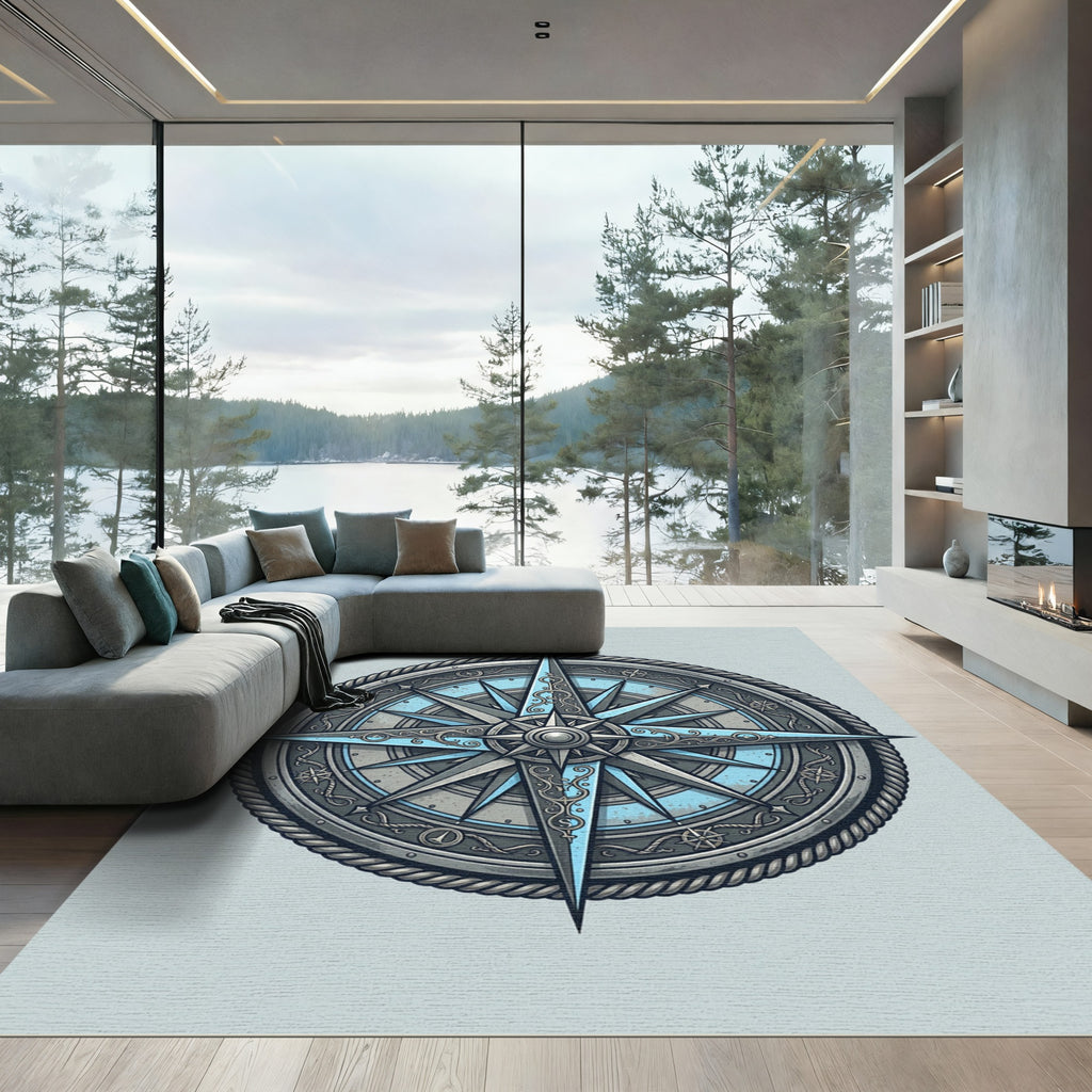 Intricate Nautical Compass Silver Blue Ray Rug