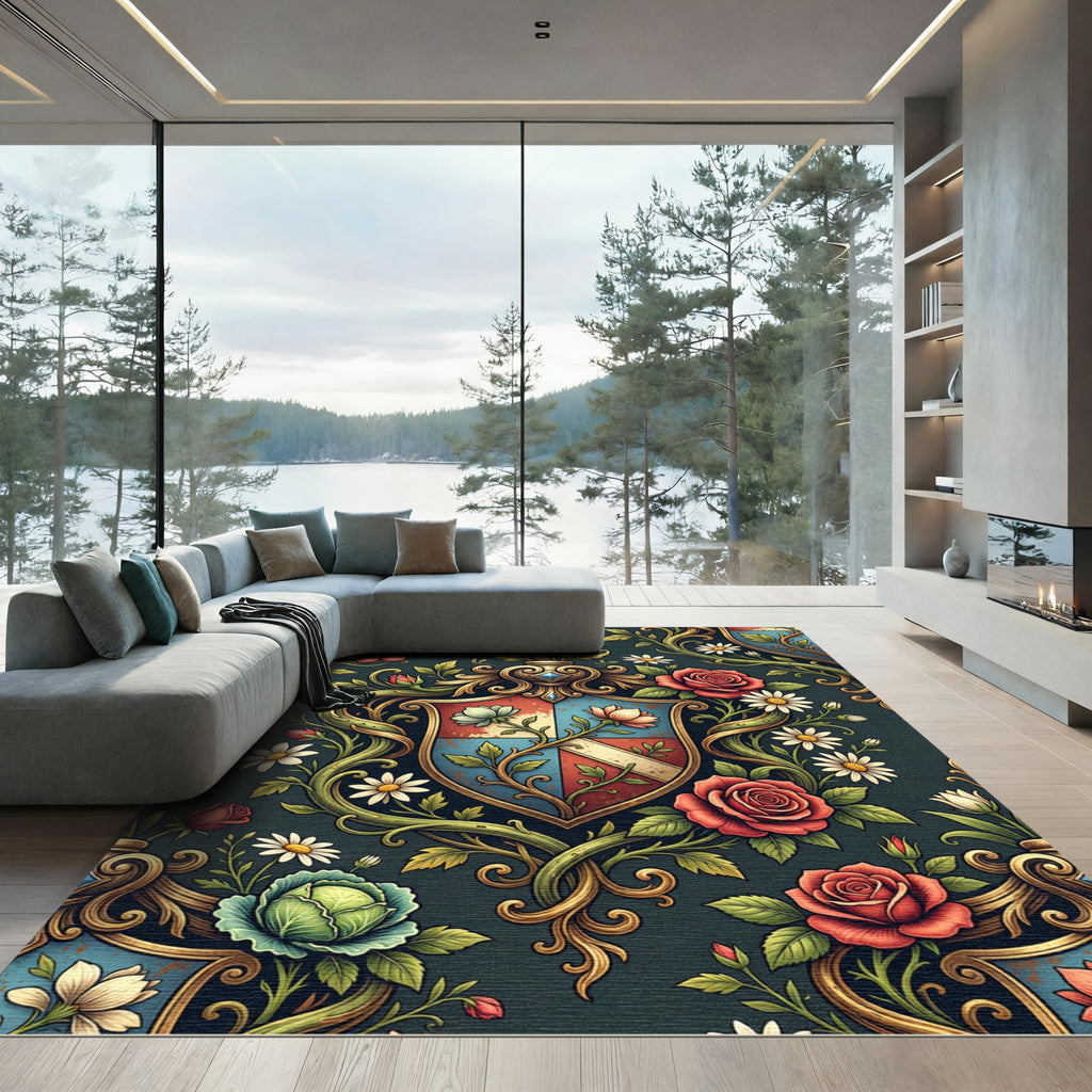 Elegantly Ornate Heraldic Rose Floral Scroll Rug