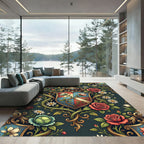 Elegantly Ornate Heraldic Rose Floral Scroll Rug