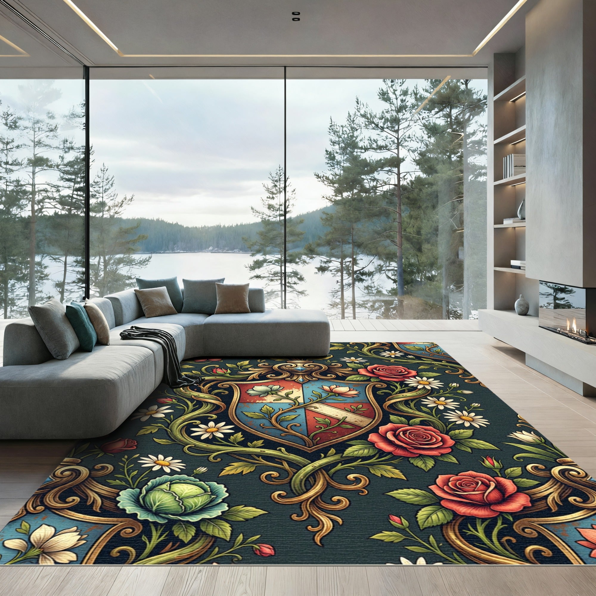 Elegantly Ornate Heraldic Rose Floral Scroll Rug