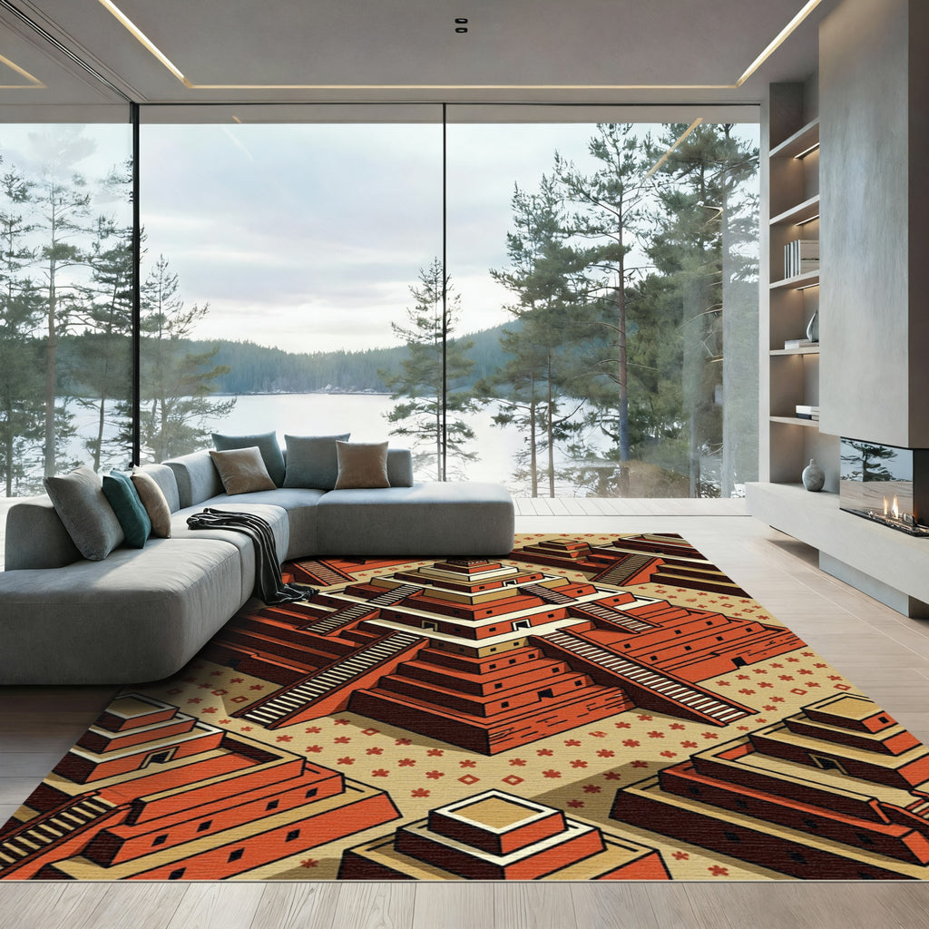 Geometric Terracotta Ziggurat Step Art Rug