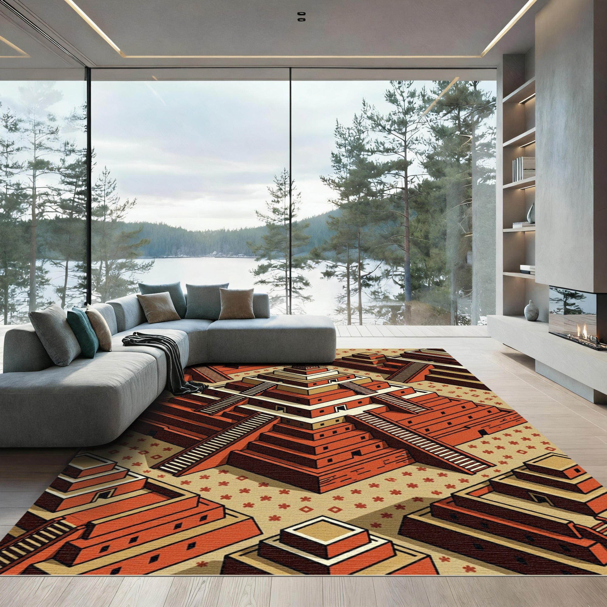Geometric Terracotta Ziggurat Step Art Rug