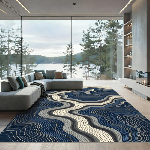 Abstract Navy Mountain Topographic Art Rug