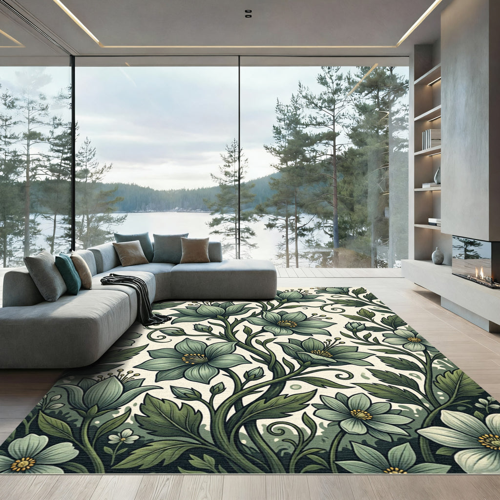 Elegant Sage Botanical Vine Floral Rug