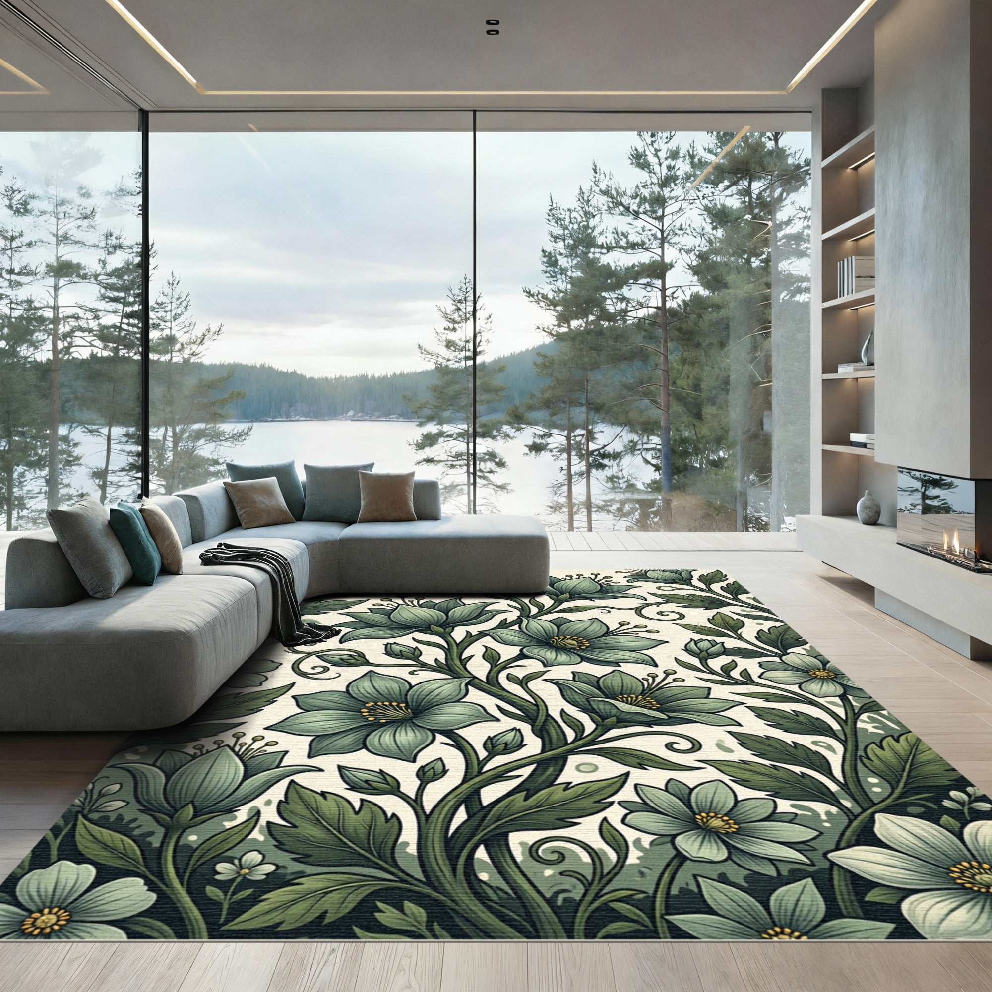 Elegant Sage Botanical Vine Floral Rug