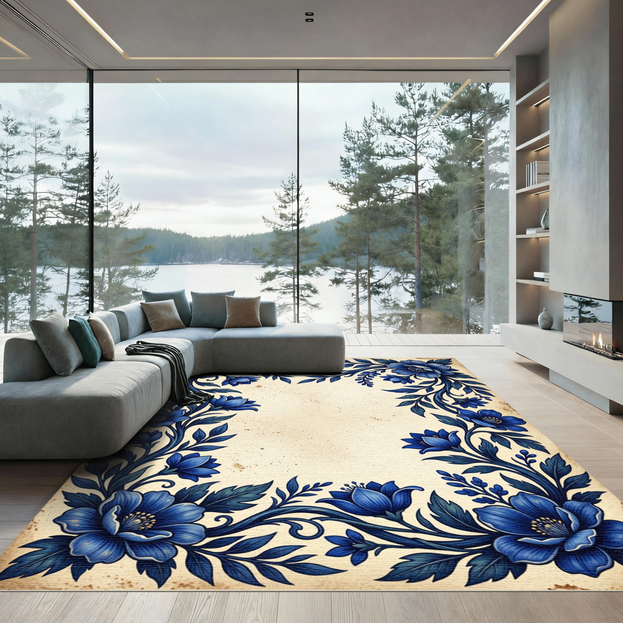 Elegant Deep Blue Floral Botanical Border Rug