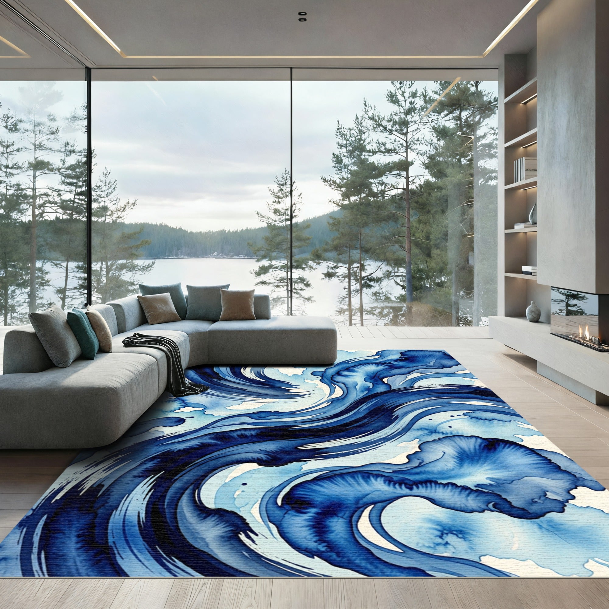 Modern Indigo Abstract Ocean Swirl Rug