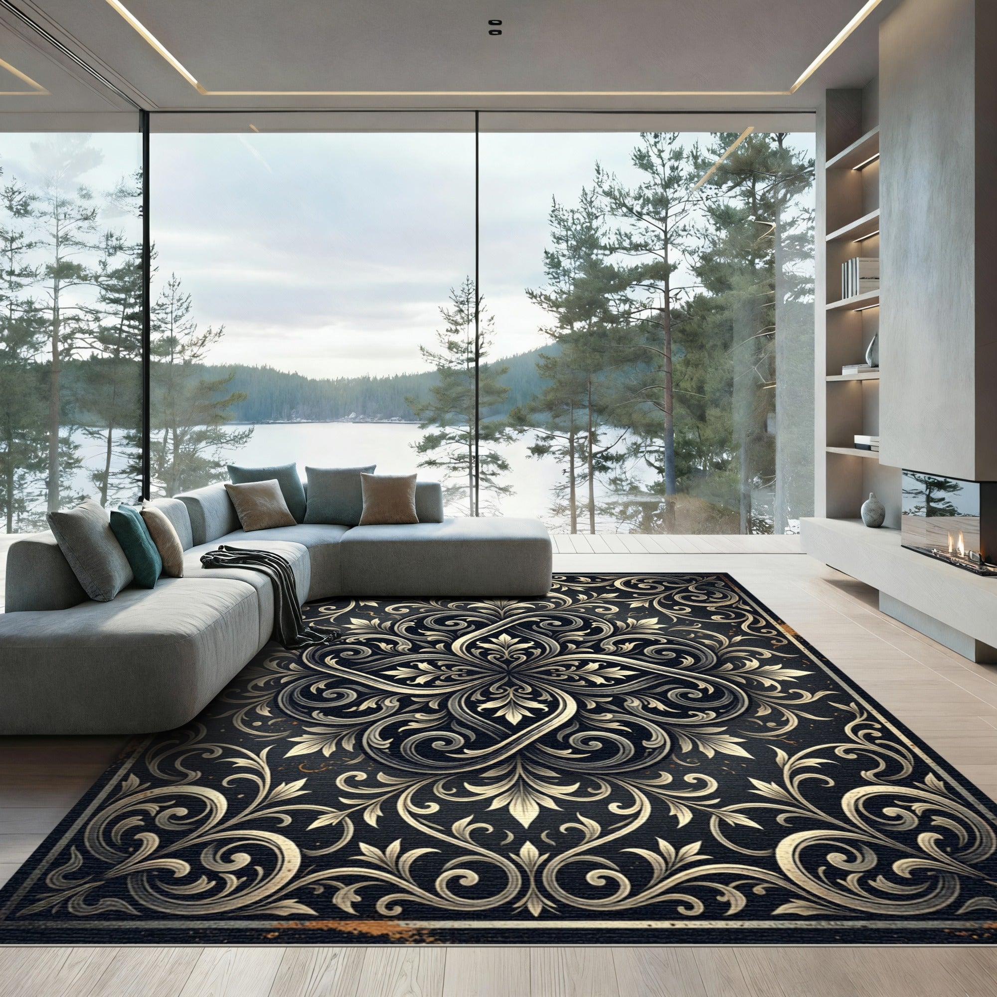 Elegance Charcoal Gold Ornate Scrollwork Rug