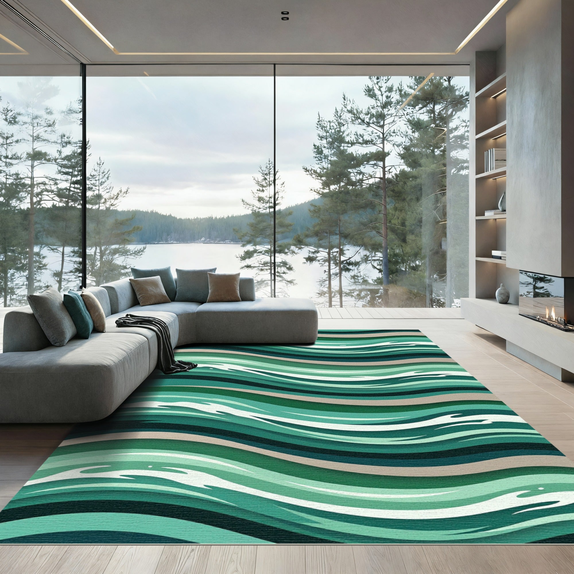 Oceanic Teal Green Wavy Stripes Rug
