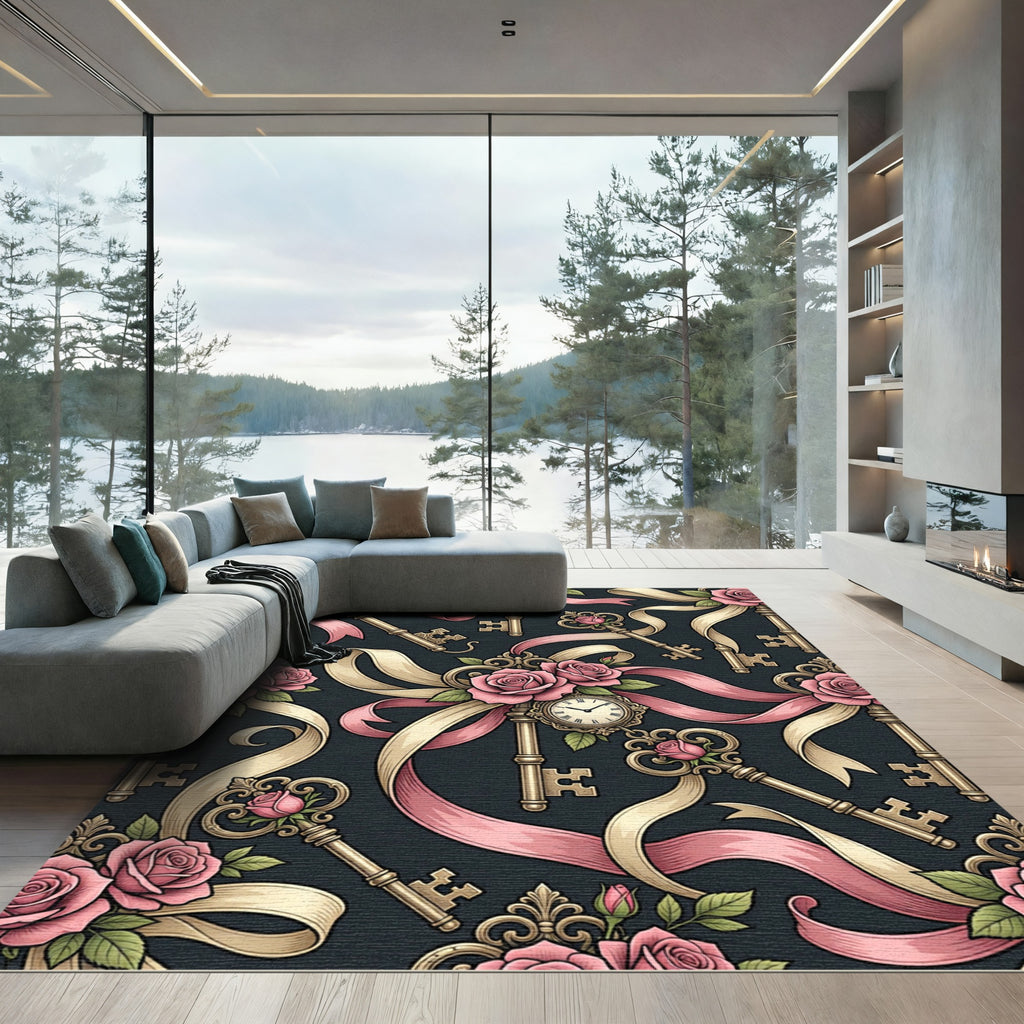 Romantic Vintage Pink Rose Clock Key Rug