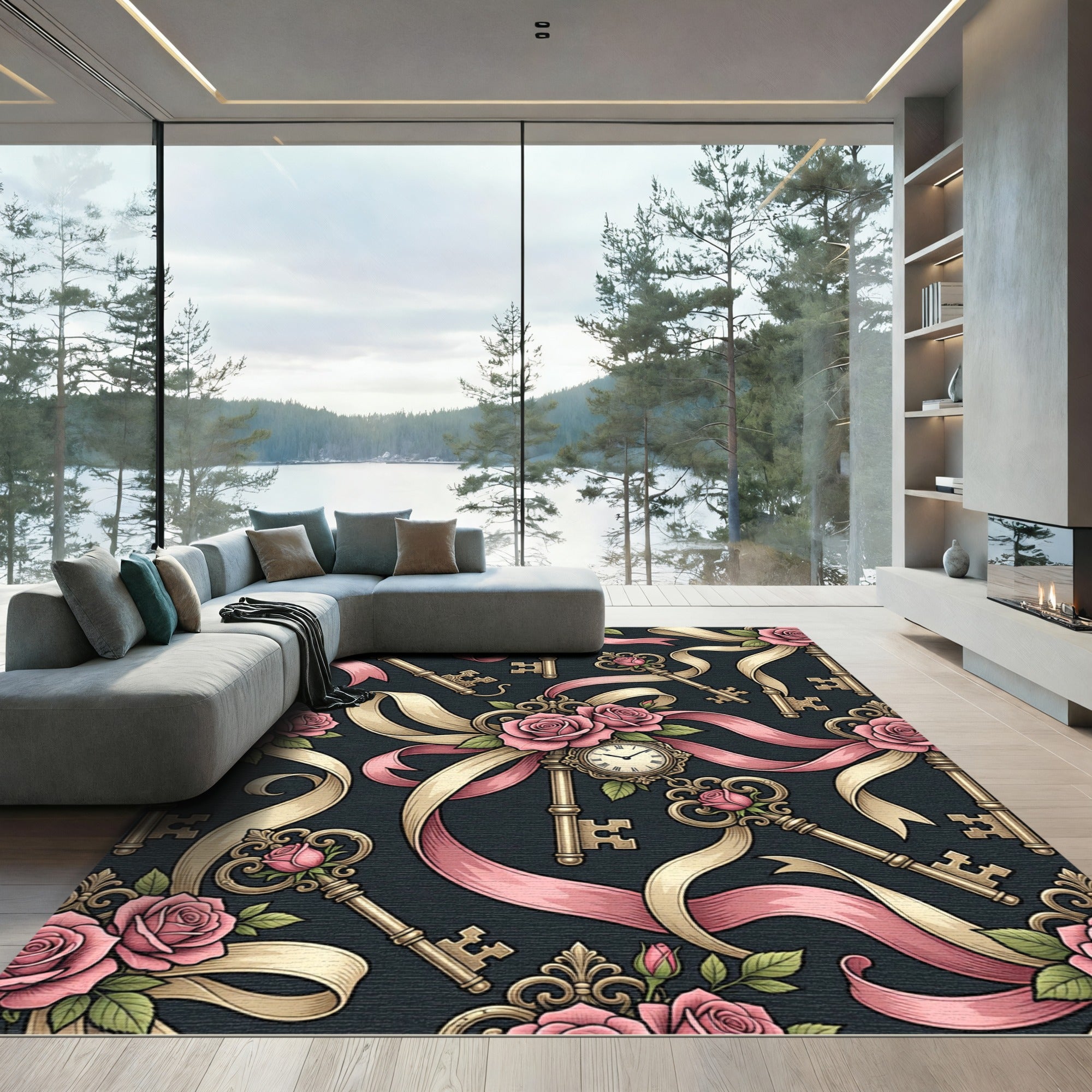 Romantic Vintage Pink Rose Clock Key Rug