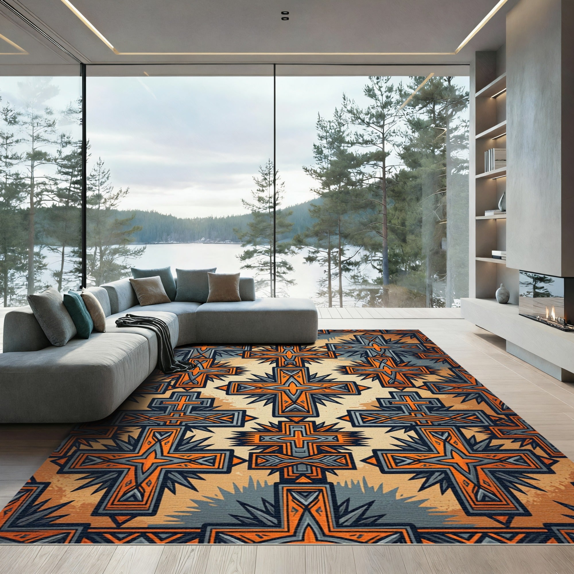 Ornate Geometric Cross Ochre Slate Rug