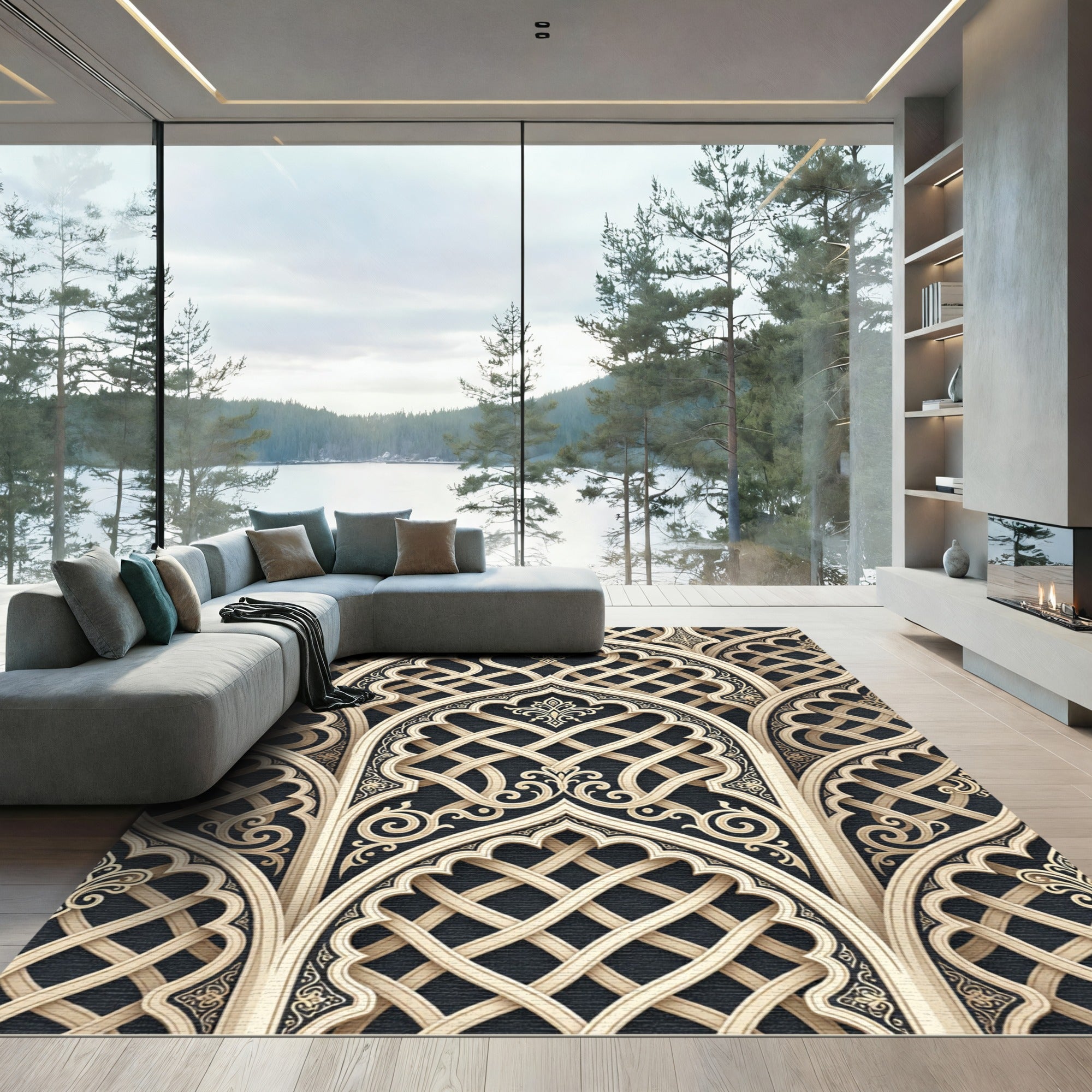 Ornate Cream and Charcoal Lattice Rug