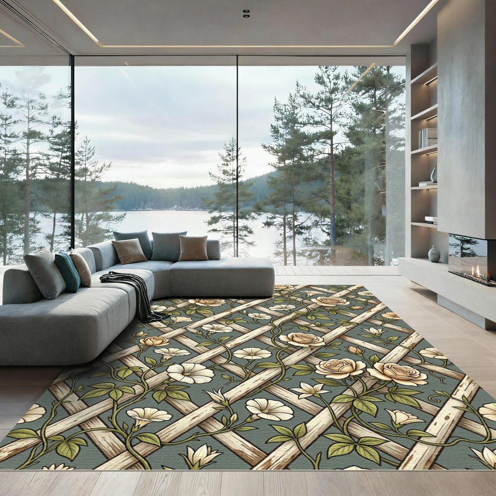 Sage Floral Trellis Climbing Rose Rug